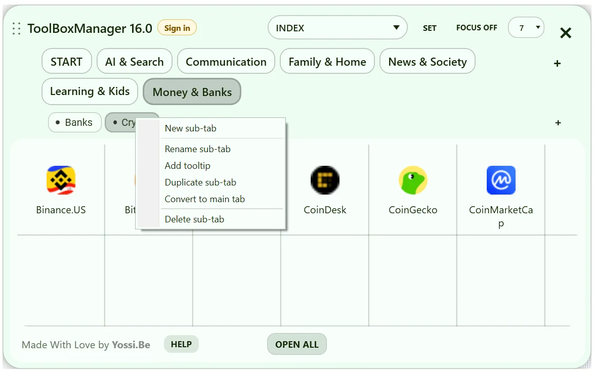 ToolBoxManager V16 screen related to Create a Main Tab and nested Sub-Tabs